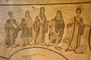 Ingresso alle terme, mosaico pavimentale, Villa Romana del Casale, Piazza Armerina, Sicilia, Italia da Roman