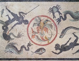 Pescatori e creature marine, I secolo d.C. (mosaico) da Roman