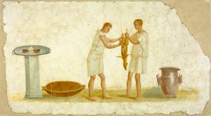 Frammento di un pannello affrescato con una preparazione di un pasto, c.100-150
