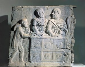 Frammento di sarcofago che raffigura un cambiavalute, da Roma, Viale del Re