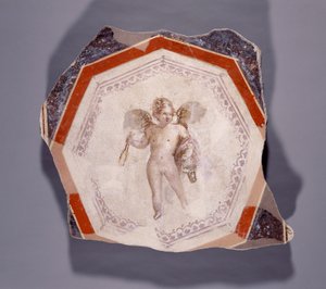 Affresco di Cupido che tiene due bastoni e un secchio da Roman