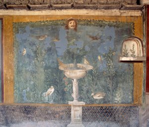 Affresco con fontana, maschera e uccelli, Casa di Venere nella Conchiglia, Pompei (Lista del Patrimonio Mondiale dell