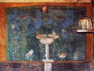 Affresco con fontana, maschera e uccelli, Casa di Venere nella conchiglia, Pompei, Campania, Italia, civiltà romana