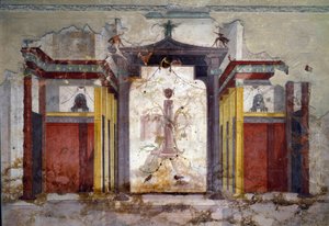Vista interna degli affreschi della sala delle maschere da Roman