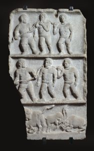Rilievo in marmo con 3 registri: schiavi in catene e animali da Roman