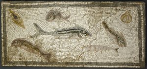 Pannello a mosaico che mostra pesci, probabilmente III secolo d.C. da Roman