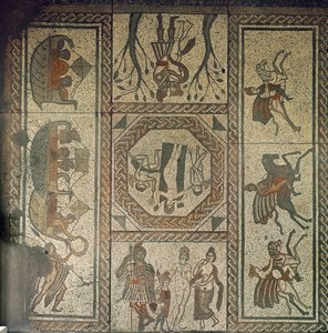 Pavimento a mosaico della villa romana di Low Ham, che illustra la storia di Didone ed Enea dall