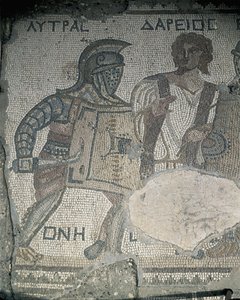 Dipinto di due gladiatori su un muro a mosaico, Kourion, Limassol, Cipro da Roman