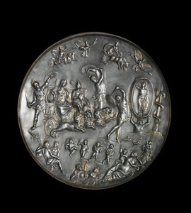 Patere di Parabiago, piatto rituale in argento raffigurante il trionfo di Attis (o Atys) e Cibele su un carro trainato da leoni, IV secolo. Argento: Diametro: 40 cm. Museo archeologico di Milano da Roman