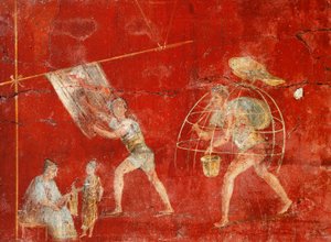 Affresco su colonna che raffigura la lavorazione della lana, da Pompei, Fullonica di Veranio Ipseo da Roman