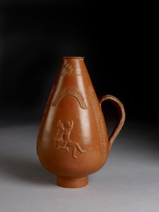 Brocca piriforme con decorazione applicata di leopardo o ghepardo che attacca un condannato, Pan ubriaco che violenta una menade da Roman