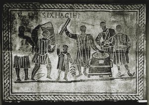 ARTE ROMANA: Misurare il grano (mais). Il sussidio per il grano che Gaio Gracco ..., II secolo d.C. (mosaico)