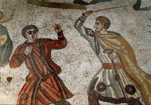 Arte romana: dettaglio del mosaico "La grande caccia" Un aristocratico romano punisce uno dei suoi schiavi con un bastone. 315-350 d.C. Piazza Armerina, Villa Romana del Casale