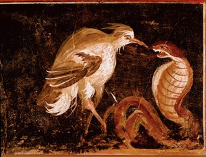 Arte romana: "Lotta tra un airone e un cobra" affresco romano dalla casa degli Epigrammi, Pompei, Italia (Lotta tra un airone e un cobra, affresco dalla casa degli Epigrammi, Pompei) 60-80 d.C. da Roman