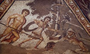 Arte romana: Mosaico delle stagioni dal cortile della villa di Costantino di Daphne che rappresenta due cacciatori (dettaglio)