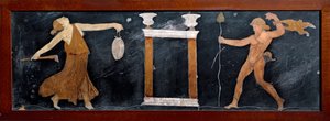 Arte romana: la danza di una menade e un satiro vicino a un piccolo tempio da Roman