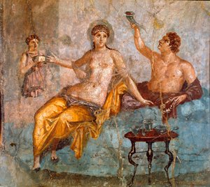 Arte romana: scena di banchetto, un giovane e una cortigiana. Affresco romano del IV stile pompeiano dal sito di Ercolano 60-80 d.C. Dim 65x66 cm da Roman