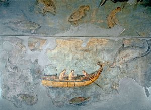 Arte romana: "pescatori su una barca" Affresco da una casa situata vicino a un porto fluviale di Roma. 131 d.C. Roma, Museo Nazionale Romano (o delle Terme) da Roman