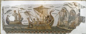 Antichità romana: Ulisse sulla sua barca resiste al canto delle Sirene (Odissea di Omero). Mosaico. 250-270 d.C. Tunisi, Museo nazionale del Bardo da Roman