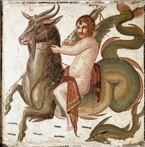 Arte romana: Cupido che cavalca una creatura marina. Mosaico da una villa della famiglia dell