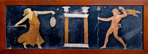 Arte romana: una menade e un satiro che danzano vicino a un tempio da Roman