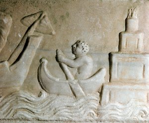 Arte romana: un marinaio guida una nave nel porto di Ostia, il faro della città è visibile (dettaglio di un rilievo del I secolo d.C.) Ostia, Museo Ostiense da Roman