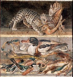 Arte romana: gatto che mangia una pernice e anatre selvatiche