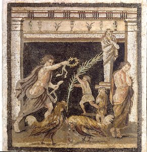 Arte romana: combattimento di galli in una palestra alla presenza delle personificazioni di Sconfitta e Vittoria da Roman
