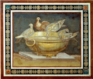 Arte romana: quattro colombe che bevono da una fontana. Mosaico proveniente dalla Villa Adriana a Tivoli. II secolo d.C. Roma, Musei Capitolini da Roman