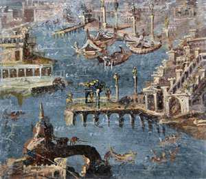 Arte romana: paesaggio che mostra un porto comunemente identificato come Pozzuoli