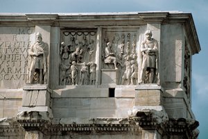 Rilievo in marmo rappresentante la distribuzione di sussidi al popolo e la resa di un capo barbaro da Roman