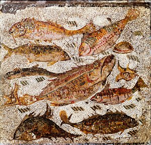 Arte romana: mosaico che rappresenta pesci. 1° o 2° secolo d.C. Dalla Villa dei Settimii sulla Via Cassia