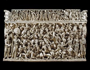 Arte romana: scena di battaglie tra guerrieri romani e barbari durante le guerre marcomanniche. Rilievo del sarcofago detto Portonaccio di un generale di Marco Aurelio. 180-190. Roma, Museo Nazionale Romano da Roman