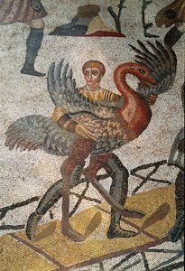 Arte romana: il trasporto di struzzi su navi inviati a Roma. Dettaglio del mosaico di "La piccola battuta di caccia" 315-350 d.C. Piazza Armerina, Villa Romana del Casale da Roman
