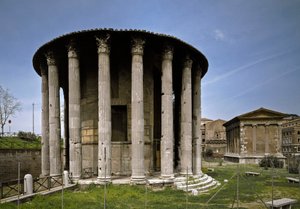Arte romana: veduta del tempio di Ercole Vincitore nel Foro Boario 213 a.C. Roma, Italia da Roman