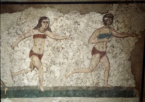 Arte romana: giovani romani impegnati in esercizi fisici. Indossano un perizoma intorno ai reni e uno strophium (antenato del reggiseno) sul petto. Dettaglio di mosaico 315-350 d.C. Piazza Armerina, Villa Romana del Casale da Roman