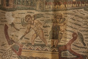 Portico semicircolare, mosaico del pavimento, Villa Romana del Casale, Piazza Armerina, Sicilia, Italia da Roman