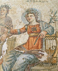 Il mosaico di Apollo e Marsia, (dettaglio) di Plinio e Apollo, Casa di Aion, Paphos, Cipro da Roman