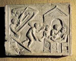 Scarico di merci e controlli portuali, bassorilievo, civiltà romana da Roman