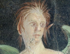 Genio alato, frammento di affresco dalla Villa di Publio Fannio Sinistore, Boscoreale, Campania, (dettaglio), civiltà romana da Roman
