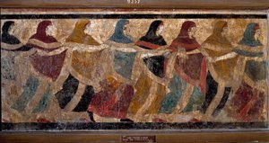Rito funebre delle donne. Affresco 117x52,5cm. Dipinto dalla Tomba n.11, via dei Cappuccini a Ruvo, Italia. V secolo a.C. Affresco in 6 frammenti. Inv. NO 9357. Museo Archeologico Nazionale, Napoli