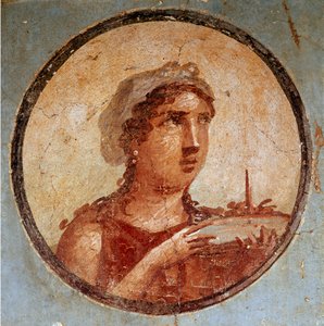 Giovane ragazza con un piatto di cibo (affresco)