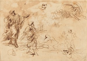 Studi per una scena biblica con Dio Padre che appare a una figura maschile barbuta da Roman 17th Century