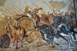 Dettaglio di un mosaico di Pompei: Battaglia di Isso tra Alessandro e Dario (IV secolo a.C.). - Re Dario III Codomano (380-330 a.C.), disperato sul suo carro - opus vermiculatum - Museo Archeologico Nazionale di Napoli, Italia da Roman Roman