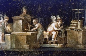Scavi a Pompei: Affresco dalla Casa dei Vetti che mostra cupidi come orafi, scoperto durante gli scavi. Pompei fu distrutta dall