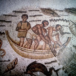 Scena di pesca in mosaico a Ippona, Algeria.