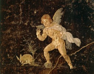 Affresco che raffigura Cupido che caccia una lepre da Pompei, provincia di Napoli, Italia, civiltà romana da Roman Roman