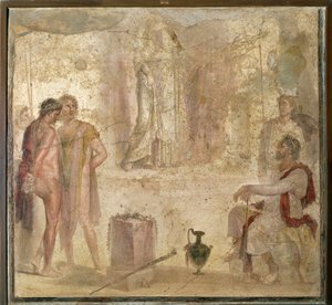Italia, Campania, Pompei, Casa dei Cupidi Dorati, Oreste e Pilade davanti a Ifigenia, affresco da Roman Roman