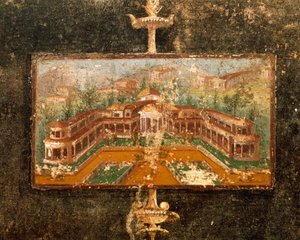 Paesaggio e architettura in affresco nel tablinum, 3° Stile Pompeiano, Casa di Marco Lucrezio Fronto, da Pompei, Campania, Italia da Roman Roman