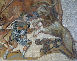 Mosaico che mostra una scena di caccia alle bestie selvatiche, dettaglio di un gladiatore che uccide un animale selvatico